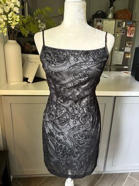 Black Lace Overlay Spaghetti Strap Vintage Y2K  Mini 90s style Dress